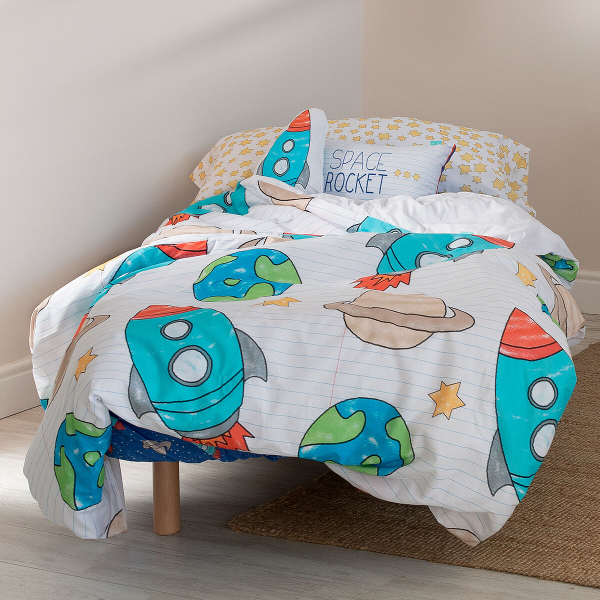 Set husă de pătură HappyFriday Mr Fox Space rocket Multicolor Pat 105 2 Piese